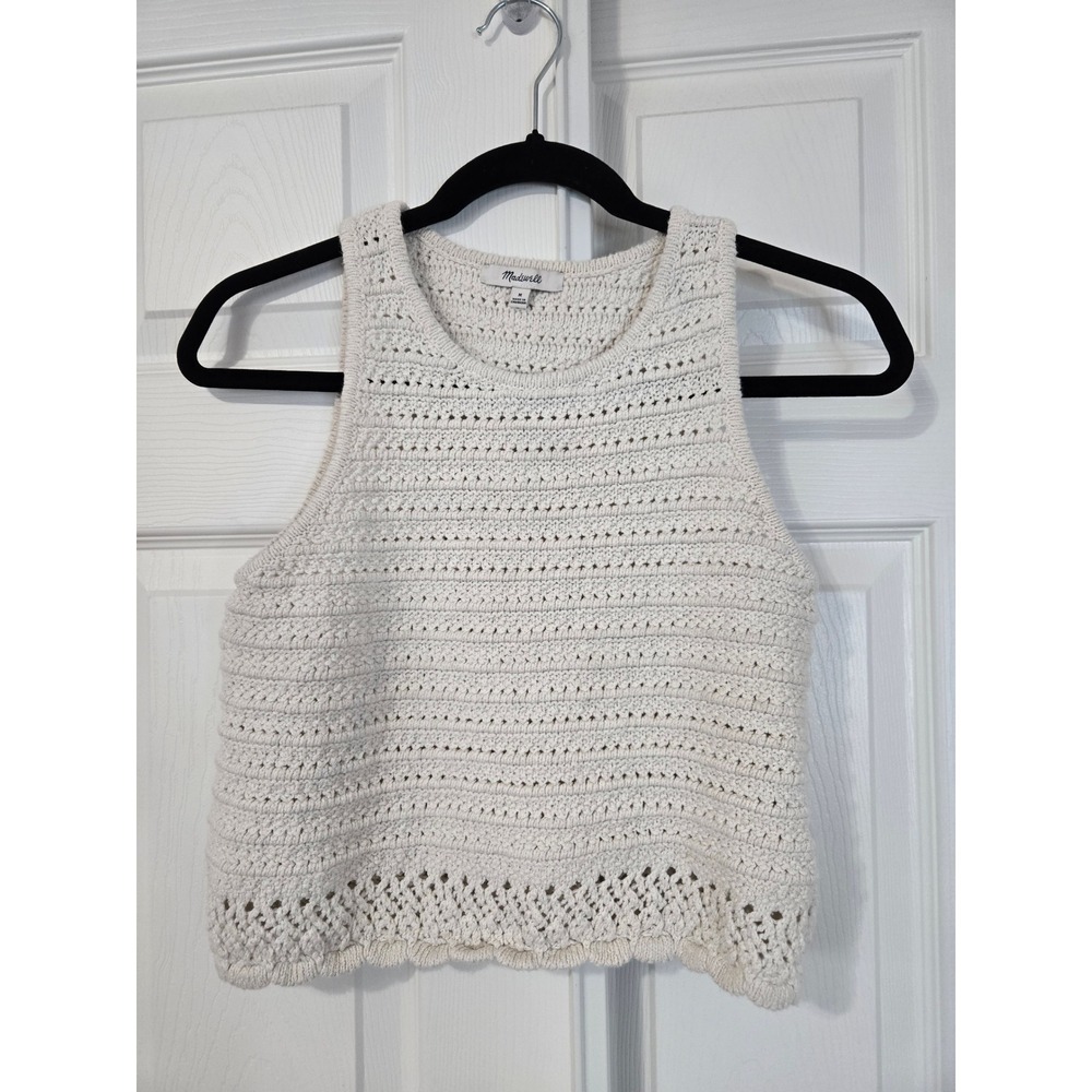 Madewell Crochet Sweater Tank Top Cream Cotton Knit Scalloped Hem Medium M